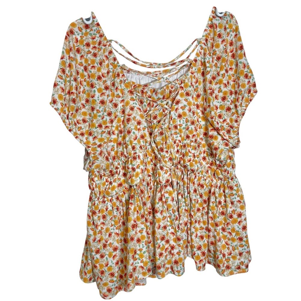 Torrid 3 Orange Floral Babydoll Top Lace Up Back Smocked Waist Cottagecore Boho